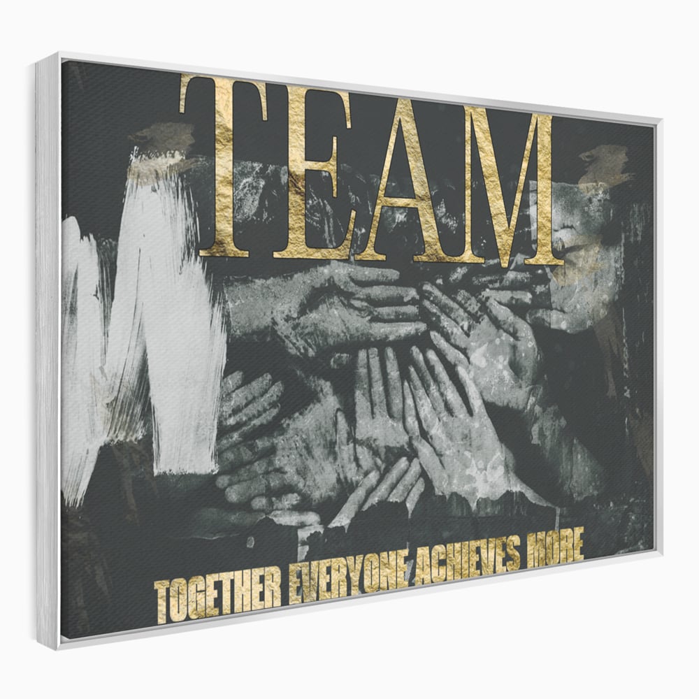 Tablou canvas cu tablou motivational cu maini si text, in rama de aluminiu argintiu